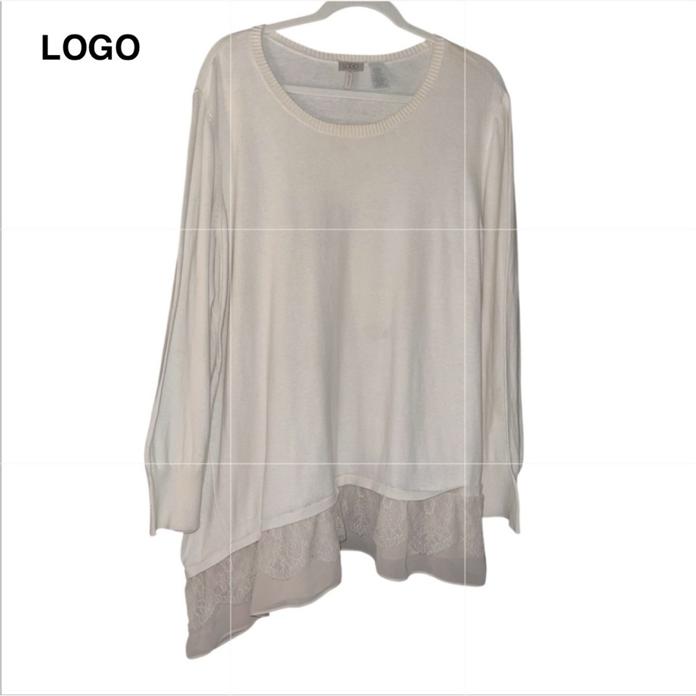 LOGO By Lori Goldstein Cotton Cashmere Sweater With Lace Trim. Cream. Size 2X.m